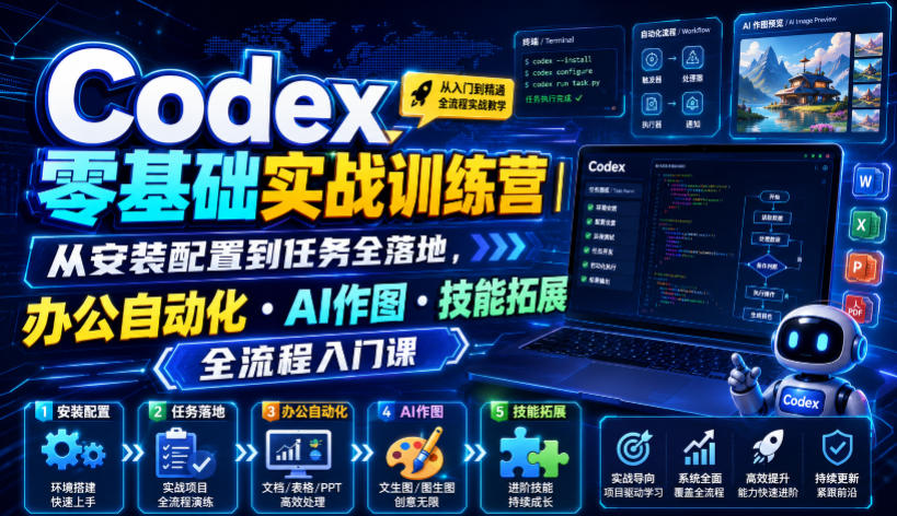 Codex零基础实战训练营｜从安装配置到任务全落地，办公自动化・AI作图・技能拓展全流程入门课-吾爱云课堂