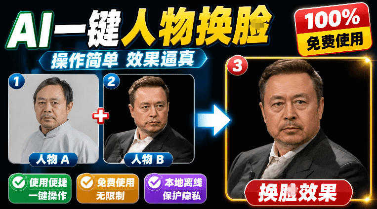 纯离线本地运行！AI一键人物lian部替换软件，支持图片换lian，效果逼真，最便捷换lian工具FaceSwap-吾爱云课堂