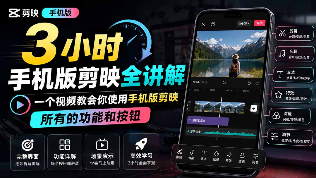 3小时手机版剪映全讲解，一个视频教会你使用手机版剪映，所有的功能和按钮-吾爱云课堂