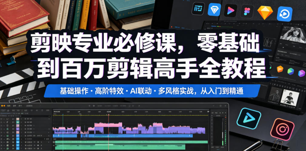 剪映专业必修课，零基础到百万剪辑高手全教程，基础操作・高阶特效・AI联动・多风格实战，从入门到精通-吾爱云课堂