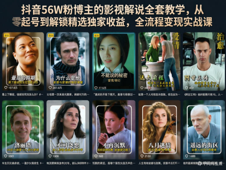抖音56W粉博主的影视解说全套教学，从零起号到解锁精选独家收益，全流程变现实战课-吾爱云课堂