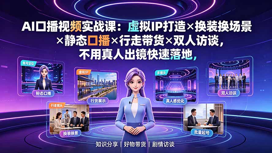 AI口播视频实战课：虚拟IP打造×换装换场景×静态口播×行走带货×双人访谈，不用真人出镜快速落地-吾爱云课堂
