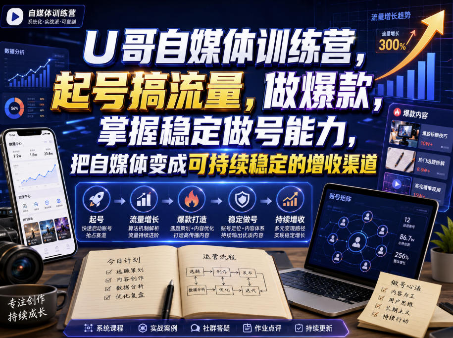 U哥自媒体训练营，起号搞流量，做爆款，掌握稳定做号能力，把自媒体变成可持续稳定的增收渠道-吾爱云课堂