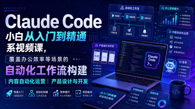 Claude Code小白从入门到精通系视频课，覆盖办公效率等场景的自动化工作流构建|内容自动化运营|产品设计与开发-吾爱云课堂