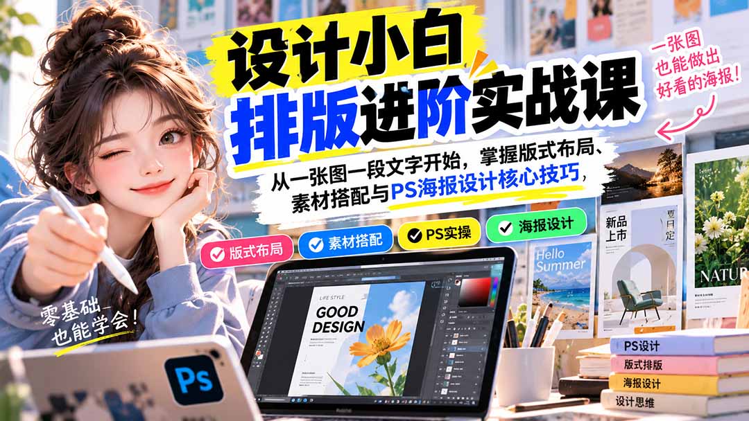 设计小白排版进阶实战课：从一张图一段文字开始，掌握版式布局、素材搭配与PS海报设计核心技巧-吾爱云课堂