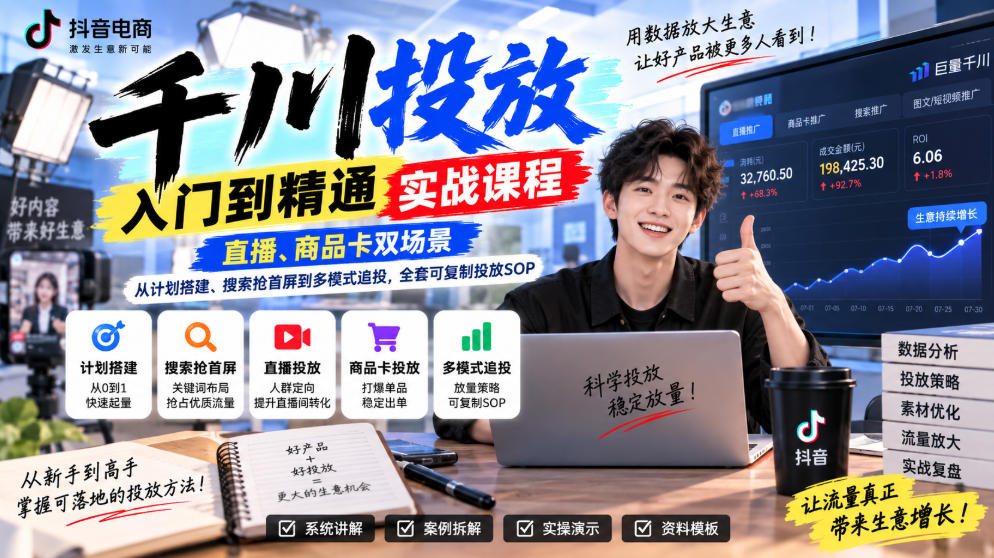 千川投放入门到精通实战课程，直播、商品卡双场景，从计划搭建、搜索抢首屏到多模式追投，全套可复制投放SOP-吾爱云课堂