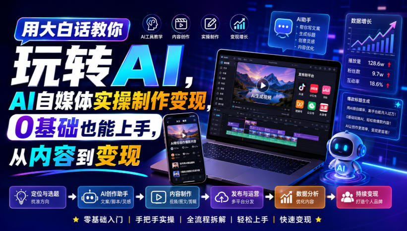 用大白话教你玩转AI，AI自媒体实操制作变现，0基础也能上手，从内容到变现-吾爱云课堂