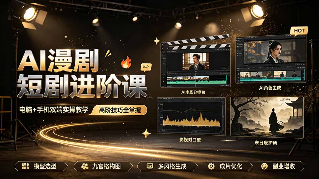 AI漫剧短剧进阶课｜电脑+手机双端实操教学｜影视剧对口型人物吃瓜×解压末日庇护所全程讲解，高阶技巧全掌握-吾爱云课堂