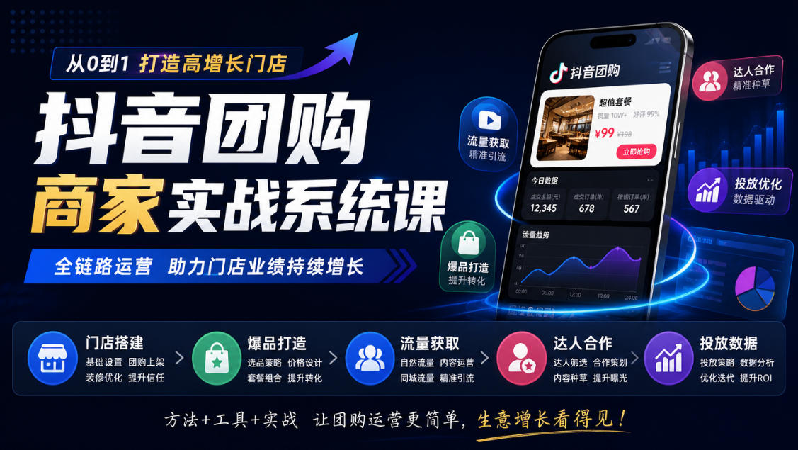 抖音团购商家实战系统课｜门店搭建、爆品打造、流量获取、达人合作、投放数据全链路运营-吾爱云课堂