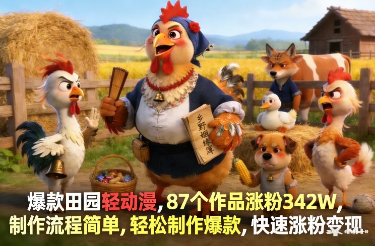 爆款田园轻动漫，87个作品涨粉342W，制作流程简单，轻松制作爆款，快速涨粉变现-吾爱云课堂