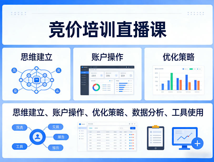 竞价培训直播课，覆盖思维建立、账户操作、优化策略、数据分析、工具使用等，全方位提升效果-吾爱云课堂