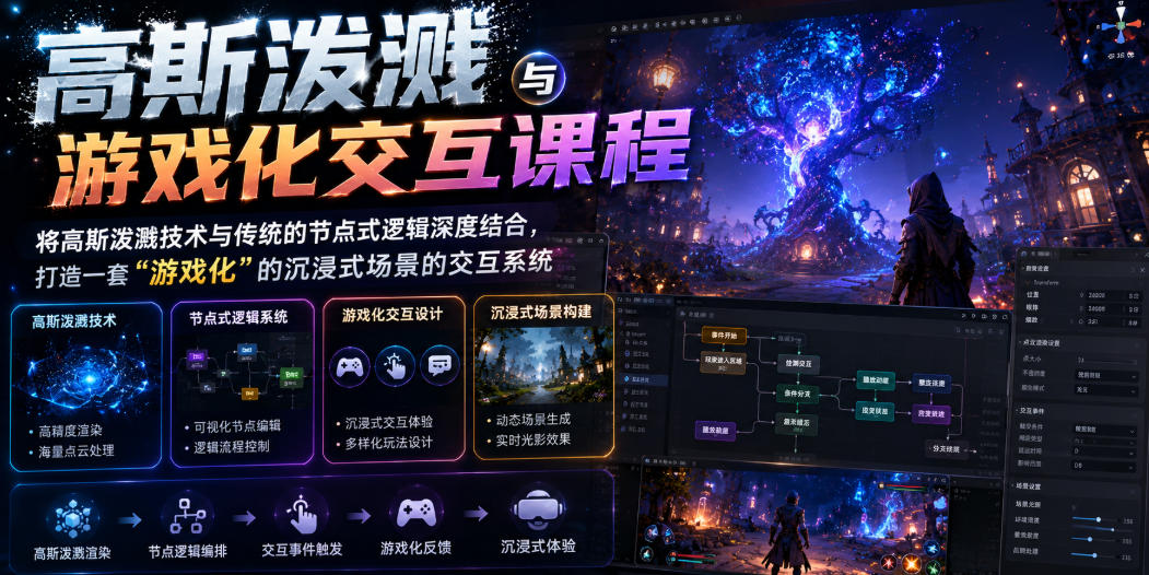 高斯泼溅与游戏化交互课程，将高斯泼溅技术与传统的节点式逻辑深度结合，打造一套“游戏化”的沉浸式场景的交互系统-吾爱云课堂