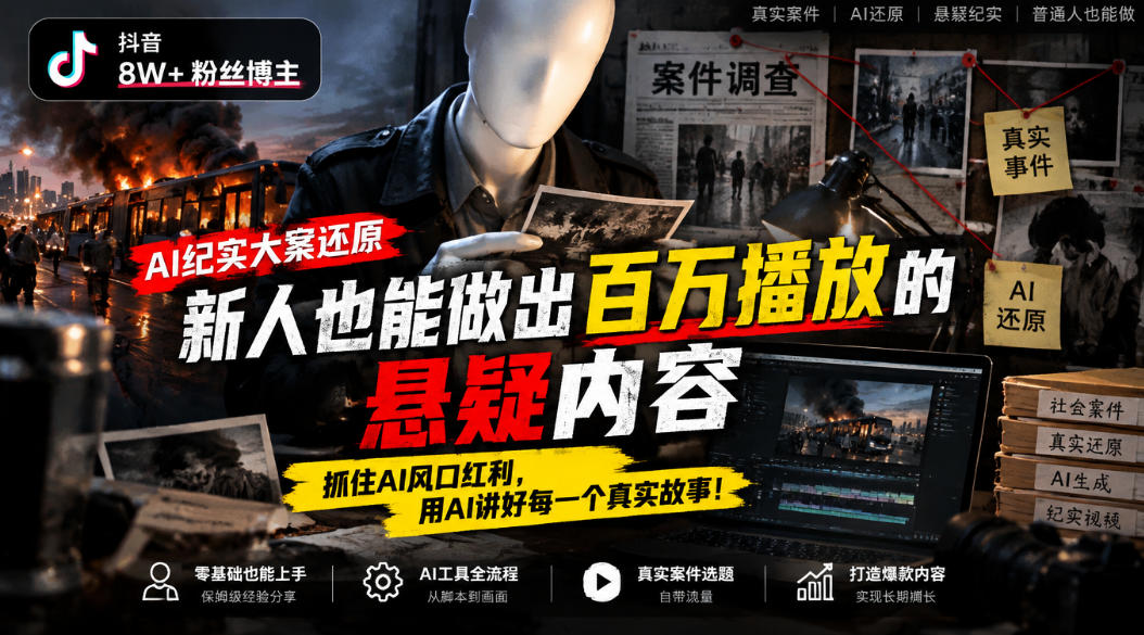 抖音8W粉丝博主的AI纪实大案还原教学，新人也能做出百W播放的悬疑内容，抓住AI风口红利，用AI讲好每一个真实故事-吾爱云课堂