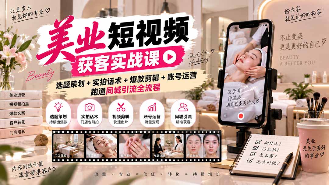 美业短视频获客实战课-无水印：选题策划+实拍话术+爆款剪辑+账号运营，跑通同城引流全流程-吾爱云课堂