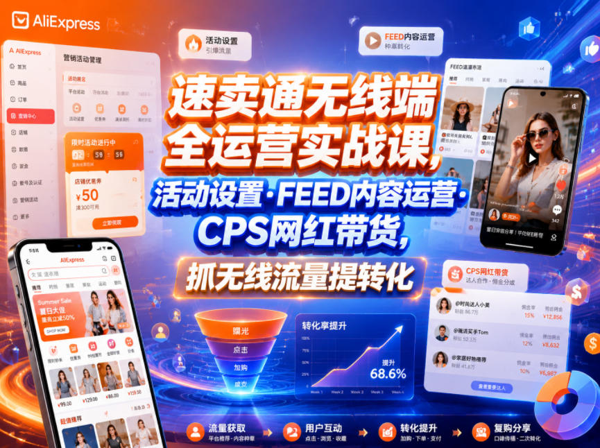 速卖通无线端全运营实战课，活动设置・FEED内容运营・CPS网红带货，抓无线流量提转化-吾爱云课堂