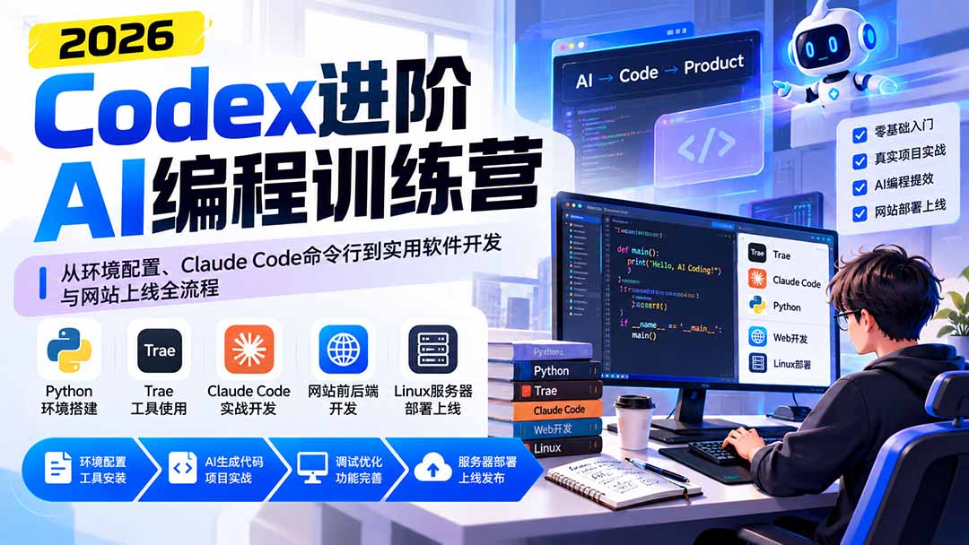 Codex进阶AI编程训练营：从环境配置、Claude Code命令行到实用软件开发与网站上线全流程-吾爱云课堂