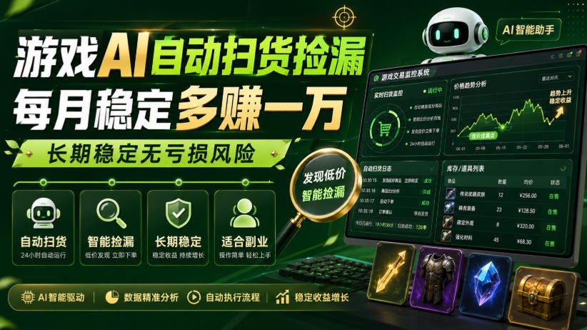 游戏AI自动扫货捡漏，每月稳定多賺1W，长期稳定无亏损风险！【揭秘】-吾爱云课堂
