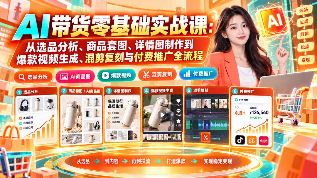 AI带货零基础实战课：从选品分析、商品套图、详情图制作到爆款视频生成、混剪复刻与付费推广全流程-吾爱云课堂