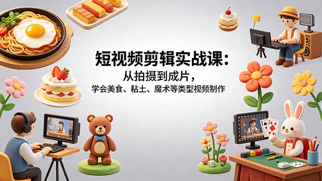 短视频剪辑实战课：从拍摄到成片，学会美食、粘土、魔术等类型视频制作-吾爱云课堂