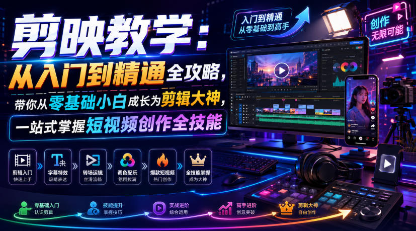 剪映教学:从入门到精通全攻略,带你从零基础小白成长为剪辑大神,一站式掌握短视频创作全技能-吾爱云课堂