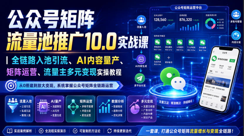 公众号矩阵流量池推广10.0实战课|全链路入池引流、AI内容量产、矩阵运营、流量主多元变现实操教程-吾爱云课堂
