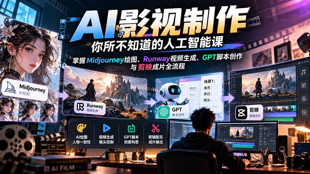 【无水印】AI影视制作-你所不知道的人工智能课，掌握Midjourney绘图、Runway视频生成、GPT脚本创作与剪映成片全流程-吾爱云课堂