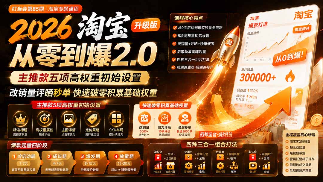 2026淘宝从零到爆2.0第85期；主推款五项高权重初始设置，改销量评晒秒单快速破零积累基础权重-吾爱云课堂