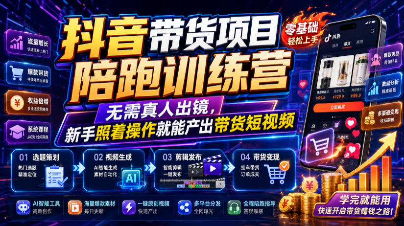 抖音带货项目陪跑训练营，无需真人出镜，新手照着操作就能产出带货短视频(更新0811)-吾爱云课堂