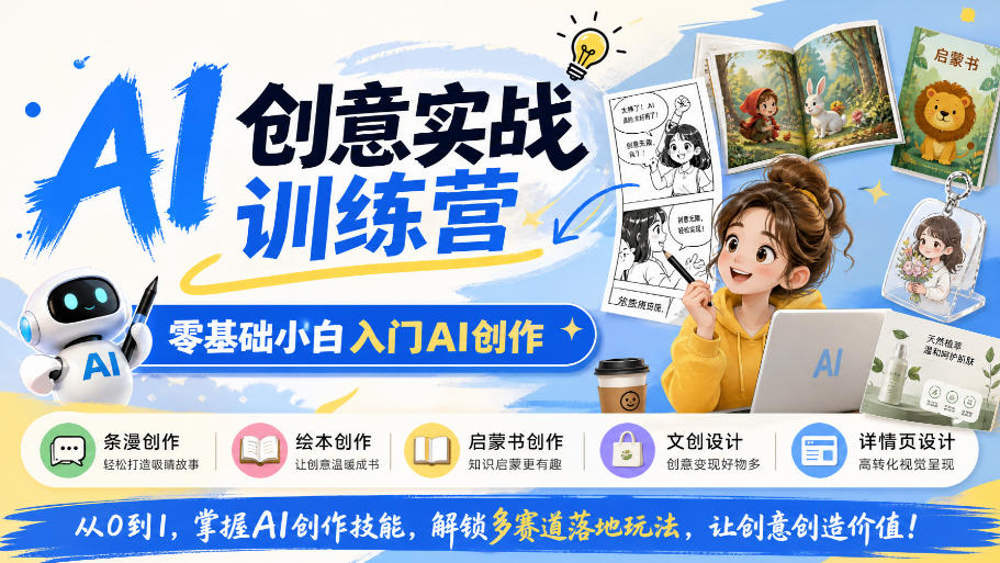 AI创意实战训练营，零基础小白入门AI创作，解锁条漫、绘本、启蒙书、文创、详情页多赛道落地玩法-吾爱云课堂