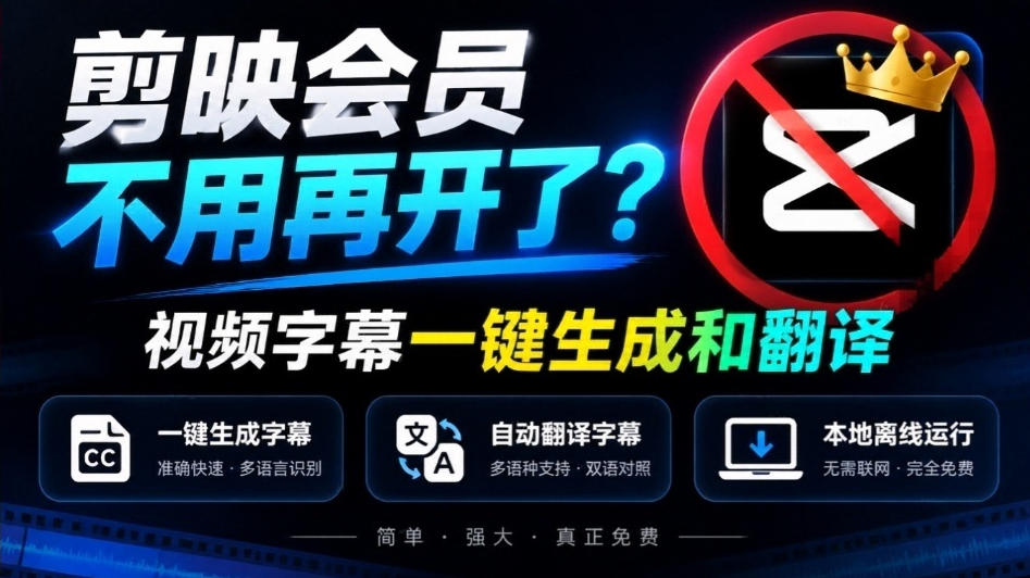 剪映会员不用再开了？视频字幕一键生成加翻译，本地离线运行，完全免费，超快速高精度，字幕大师-吾爱云课堂