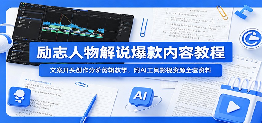励志人物解说爆款内容教程：文案开头创作分阶剪辑教学，附AI 工具影视资源全套资料-吾爱云课堂