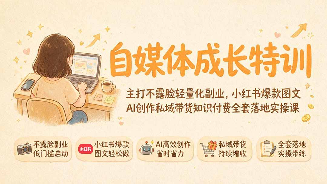 自媒体成长特训｜主打不露脸轻量化副业，小红书爆款图文AI创作私域带货知识付费全套落地实操课-吾爱云课堂