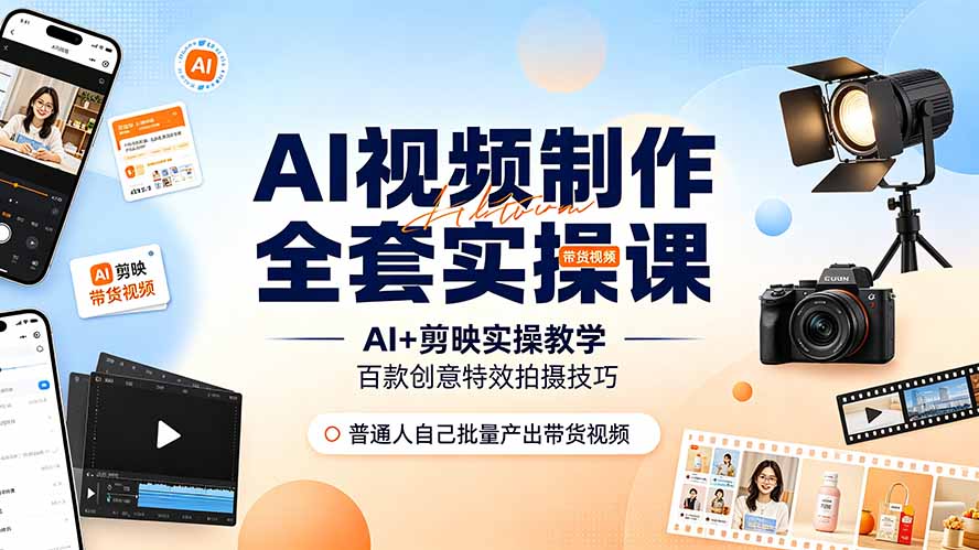 AI视频制作全套实操课，多款AI工具搭配剪映教学，百种特效运镜拍摄实操，抖音账号带货运营全覆盖-吾爱云课堂