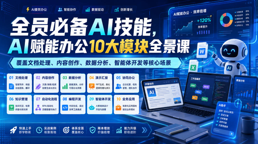 全员必备AI技能，AI赋能办公10大模块全景课，覆盖文档处理、内容创作、数据分析、智能体开发等核心场景-吾爱云课堂