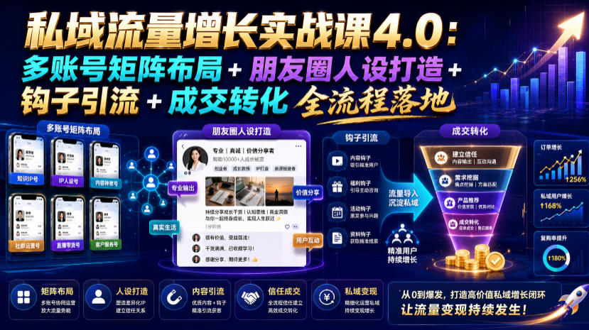 私域流量增长实战课4.0：多账号矩阵布局+朋友圈人设打造+钩子引流+成交转化全流程落地-吾爱云课堂