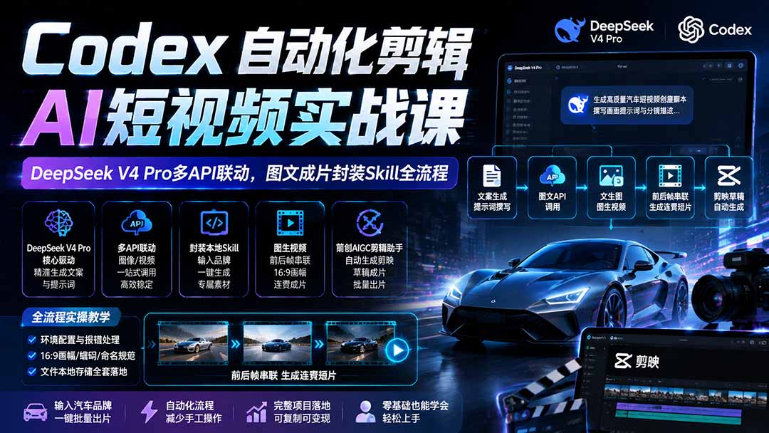 Codex自动化剪辑AI短视频实战课｜DeepSeek V4 Pro多API联动，图文成片封装Skill全流程-吾爱云课堂