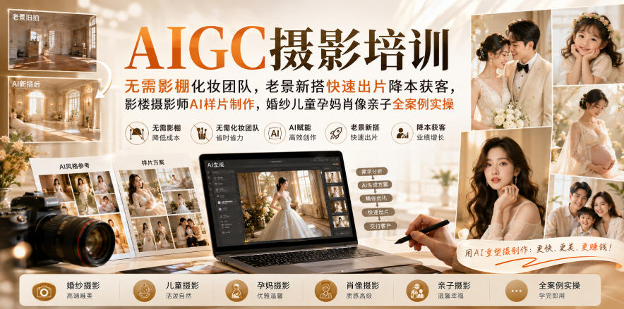 AIGC摄影培训｜无需影棚化妆团队，老景新搭快速出片降本获客，影楼摄影师AI样片制作，婚纱儿童孕妈肖像亲子全案例实操-吾爱云课堂