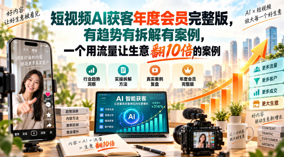 短视频AI获客年度会员完整版，有趋势有拆解有案例，一个用流量让生意翻10倍的案例-吾爱云课堂