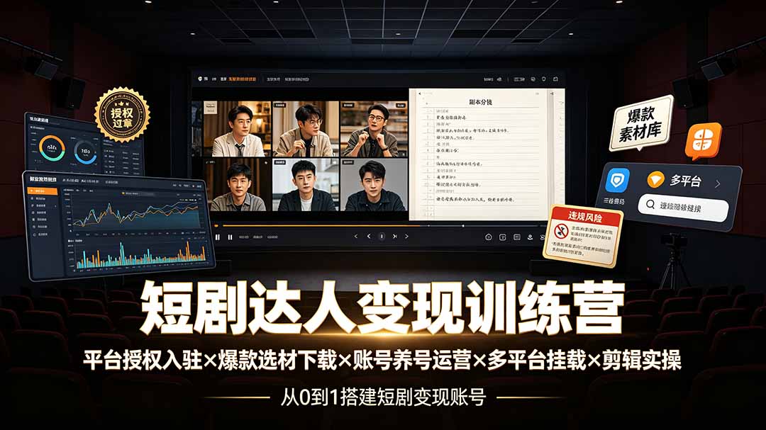 短剧达人变现训练营：平台授权入驻×爆款选材下载×账号养号运营×多平台挂载×剪辑实操×违规处理全流程-吾爱云课堂