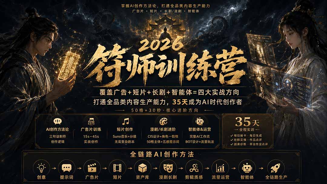 符师训练营-35天成为AI时代创作者，广告+短片+漫剧+智能体四大实战方向，掌握从创意到上线的完整工作流-吾爱云课堂