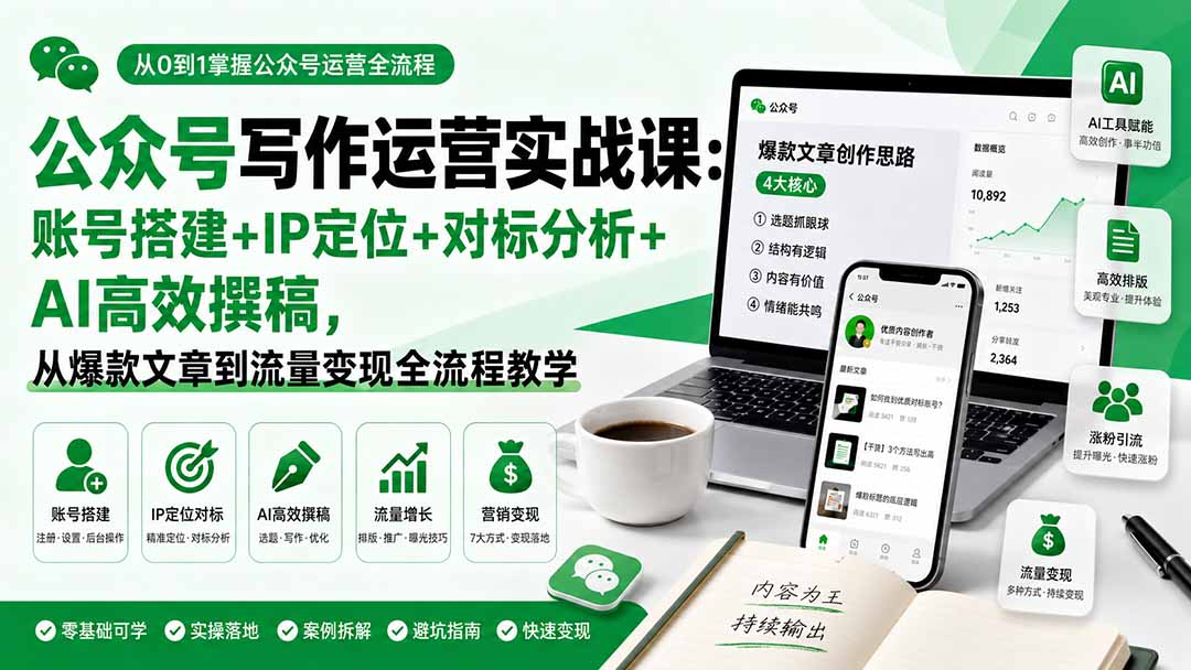 公众号写作运营实战课：账号搭建+IP定位+对标分析+AI高效撰稿，从爆款文章到流量变现全流程教学-吾爱云课堂