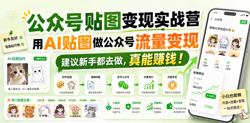 公众号贴图变现实战营，用AI贴图做公众号流量变现，建议新手都去做，真能賺钱！-吾爱云课堂