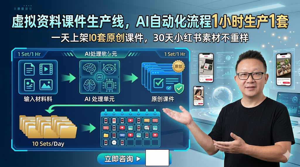 虚拟资料课件生产线，AI自动化流程1小时生产1套，一天上架10套原创课件，30天小红书素材不重样-吾爱云课堂