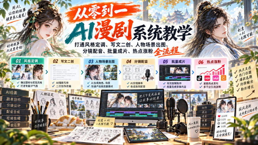从零到一AI漫剧系统教学，打通风格定调、写文二创、人物场景出图、分镜配音、批量成片、热点涨粉全流程-吾爱云课堂