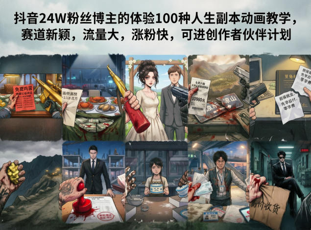 抖音24W粉丝博主的体验100种人生副本动画教学，赛道新颖，流量大，涨粉快，可进创作者伙伴计划-吾爱云课堂