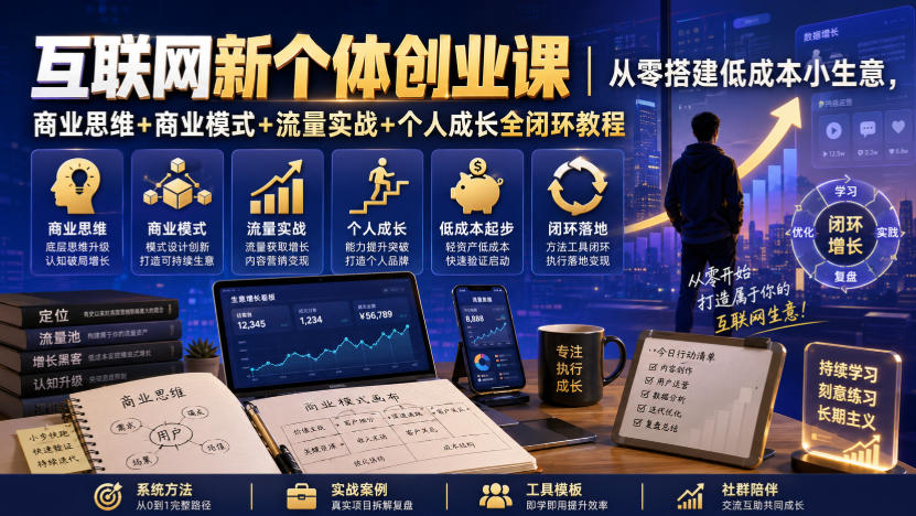 互联网新个体创业课｜从零搭建低成本小生意，商业思维+商业模式+流量实战+个人成长全闭环教程-吾爱云课堂