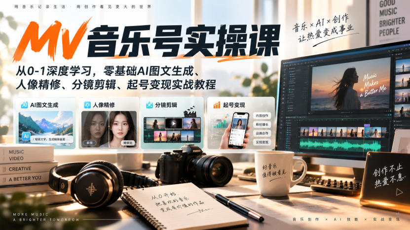 AI MV音乐号实操课，从0-1深度学习，零基础AI图文生成、人像精修、分镜剪辑、起号变现实战教程-吾爱云课堂