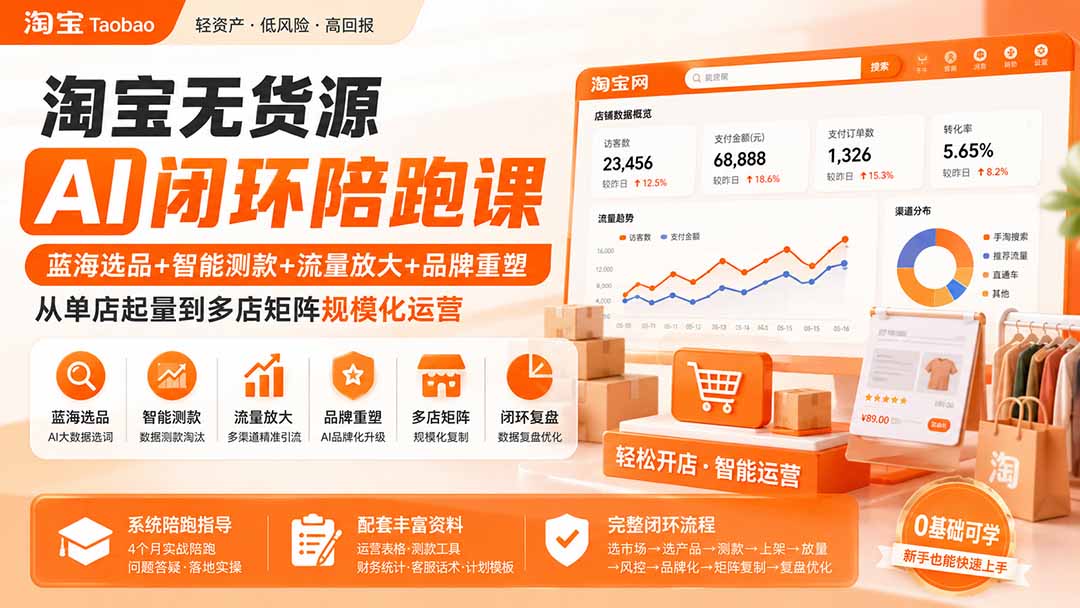 淘宝无货源AI闭环陪跑课:蓝海选品+智能测款+流量放大+品牌重塑,从单店起量到多店矩阵规模化运营-吾爱云课堂