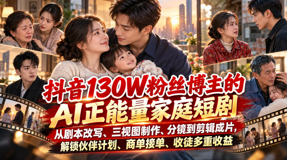 抖音130W粉丝博主的AI正能量家庭短剧，从剧本改写、三视图制作、分镜到剪辑成片，解锁伙伴计划、商单接单、收徒多重收益-吾爱云课堂