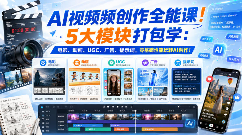 AI视频频创作全能课！5大模块打包学：电影、动画、UGC、广告、提示词，零基础也能玩转AI创作！【原创双语字幕】-吾爱云课堂
